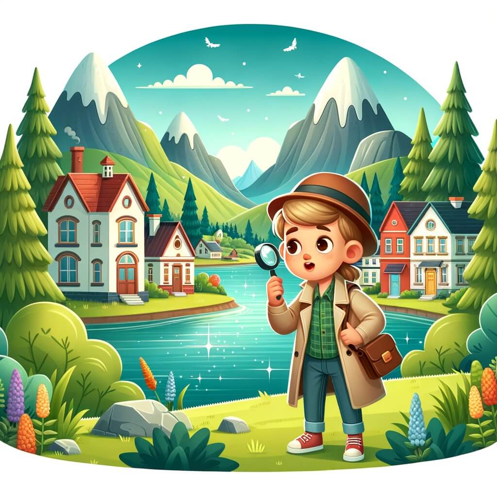 Une illustration pour enfants représentant un petit garçon curieux et aventurier, se retrouvant au cœur d'une mystérieuse disparition dans une petite ville pleine de secrets.