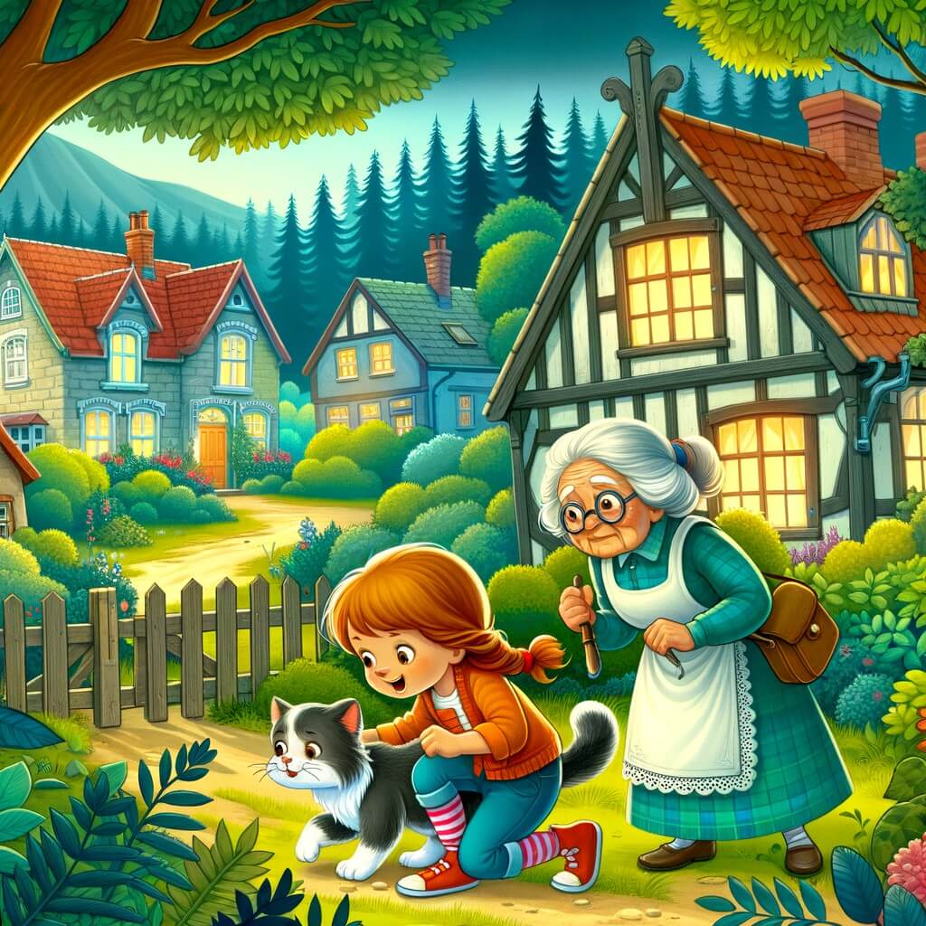 Une illustration pour enfants représentant une petite fille curieuse et débrouillarde, se retrouvant au cœur d'une enquête captivante, dans un paisible village entouré de nature.