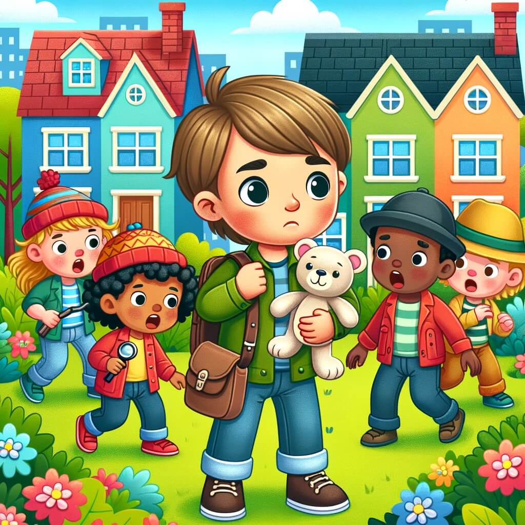 Une illustration destinée aux enfants représentant un petit garçon intrépide, confronté à la disparition de son jouet préféré, accompagné de ses amis, enquêtant avec détermination dans un quartier coloré rempli de maisons aux jardins fleuris.