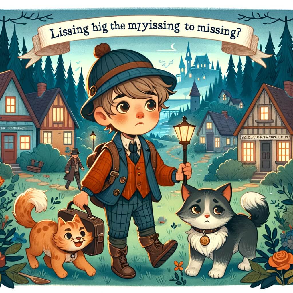 Une illustration pour enfants représentant un petit garçon enquêteur, confronté à la mystérieuse disparition de son chat adoré, dans une petite ville pleine de secrets et de surprises.