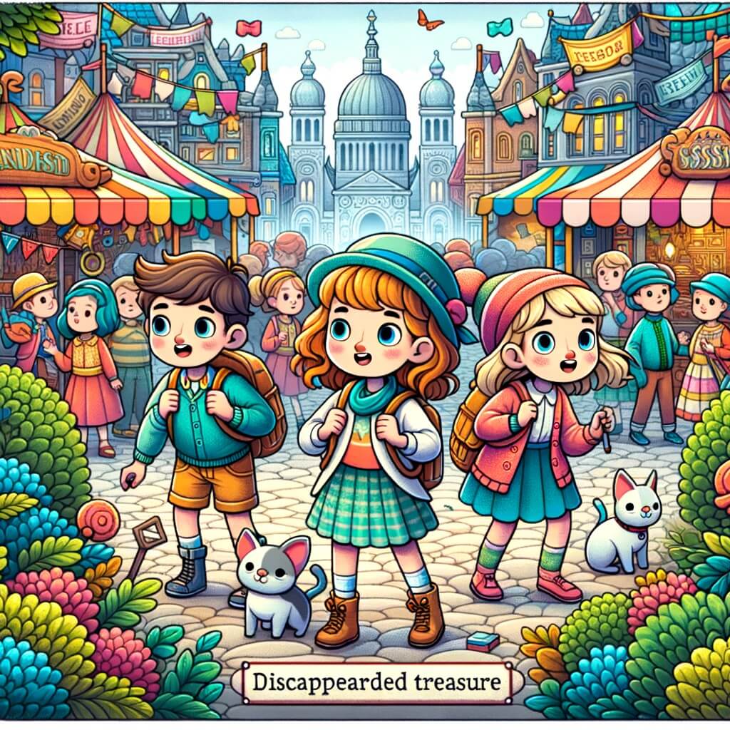 Une illustration destinée aux enfants représentant une petite fille pleine de curiosité, accompagnée de son équipe, explorant une ville animée avec des stands colorés, des jeux de kermesse et des arbustes mystérieux, à la recherche d'un chat disparu et d'un trésor caché.