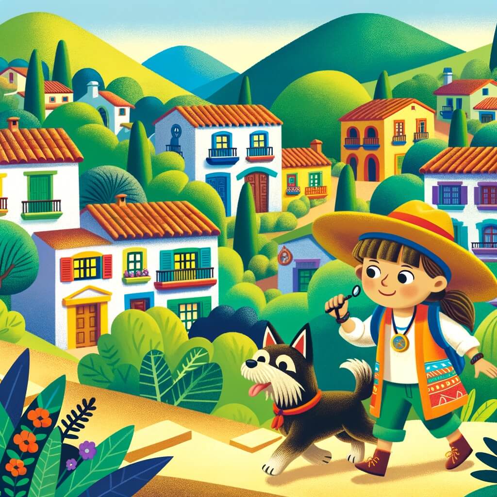 Une illustration pour enfants représentant une petite fille intrépide, plongée dans une mystérieuse disparition de son chien adoré, dans un village verdoyant.
