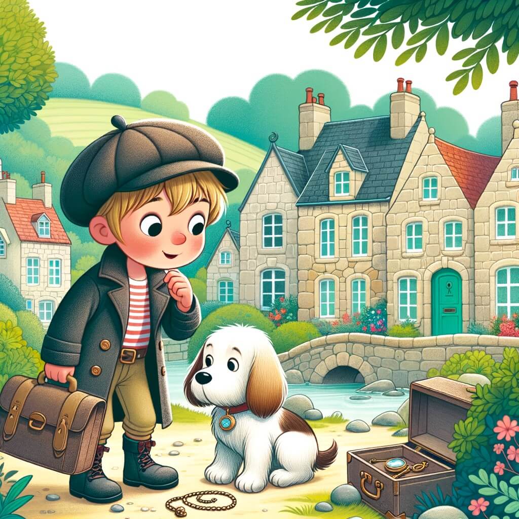 Une illustration pour enfants représentant un petit garçon curieux et astucieux, résolvant un mystère captivant dans une petite ville pleine de charme.