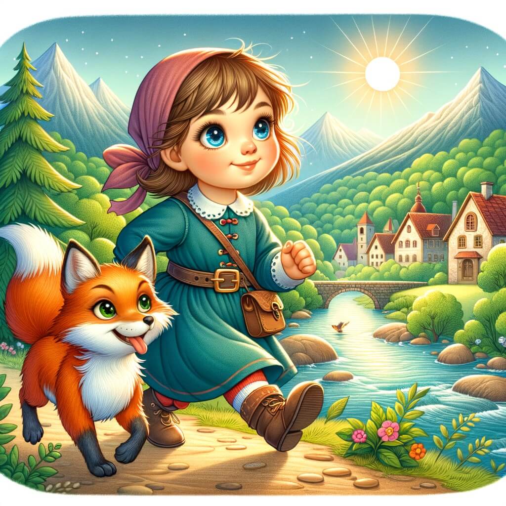 Une illustration pour enfants représentant une petite fille intrépide, à la recherche de son doudou disparu, dans une petite ville tranquille.