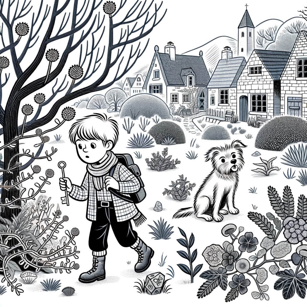 Une illustration pour enfants représentant un petit garçon curieux et intrépide, se retrouvant au cœur d'une aventure captivante dans un jardin abandonné rempli de mystères.