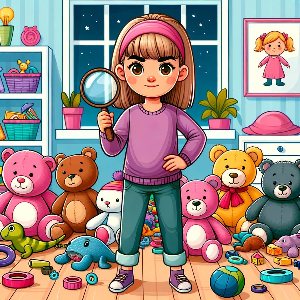 Une illustration pour enfants représentant une petite fille curieuse, une enquête mystérieuse et une chambre pleine de jouets.