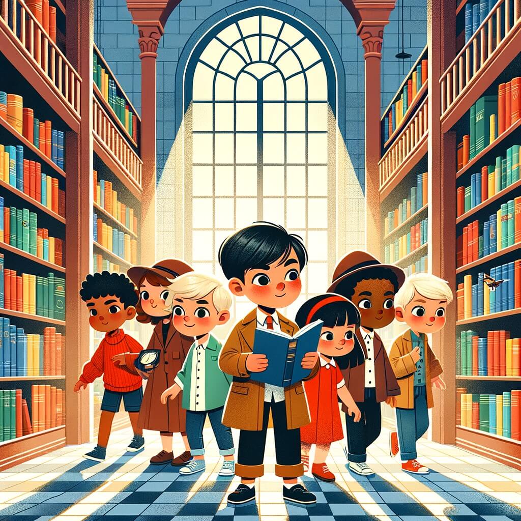 Une illustration destinée aux enfants représentant un petit garçon passionné par les mystères, accompagné de ses amis, qui enquête sur la disparition d'un livre de détective dans une bibliothèque municipale entourée de hautes étagères remplies de livres colorés et d'une grande fenêtre laissant entrer la lumière du soleil.