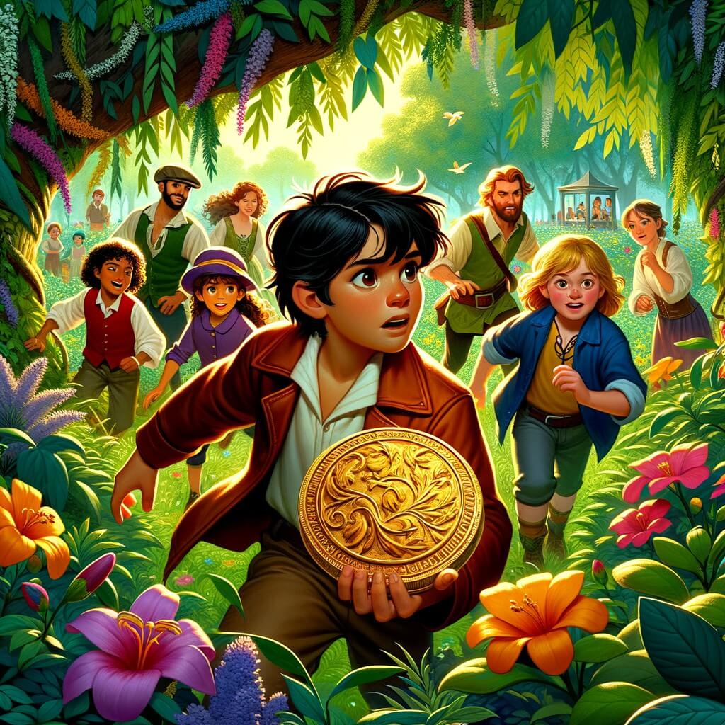 Une illustration destinée aux enfants représentant un petit garçon intrépide, accompagné de ses amis, découvrant un mystérieux médaillon en or caché dans un parc verdoyant et fleuri, déclenchant ainsi une aventure pleine de rebondissements.