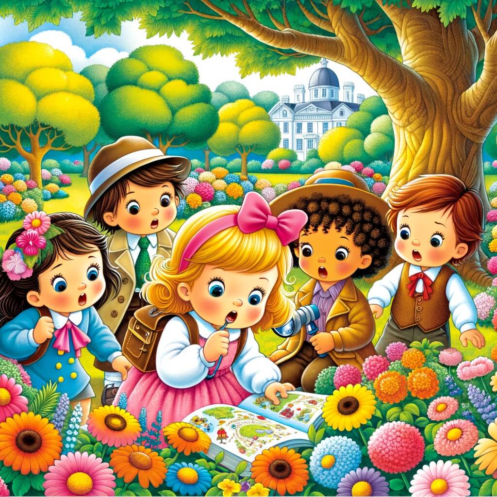 Une illustration destinée aux enfants représentant une petite fille pleine de curiosité, se trouvant dans un parc rempli de fleurs colorées et d'arbres majestueux, tandis qu'elle mène une enquête avec ses amis pour résoudre le mystère du vol de son goûter.