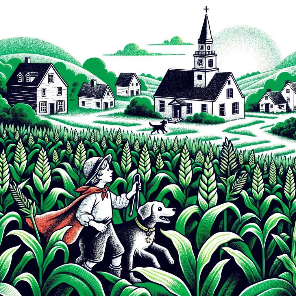 Une illustration destinée aux enfants représentant une petite fille intrépide, accompagnée d'un chien espiègle, enquêtant courageusement dans une petite ville entourée de champs de maïs verdoyants.