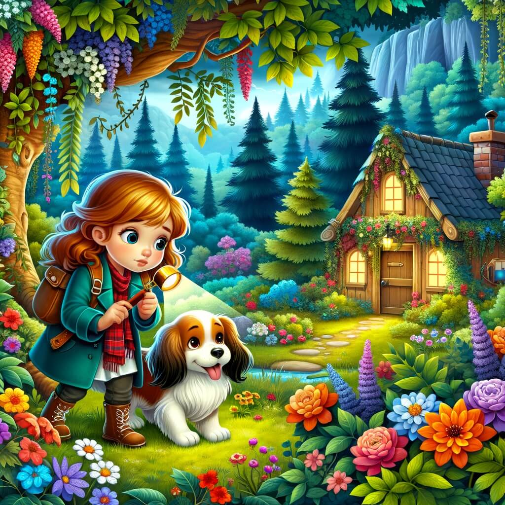 Une illustration pour enfants représentant une petite fille intrépide, se retrouvant dans une enquête captivante, dans un parc mystérieux et une cabane abandonnée.