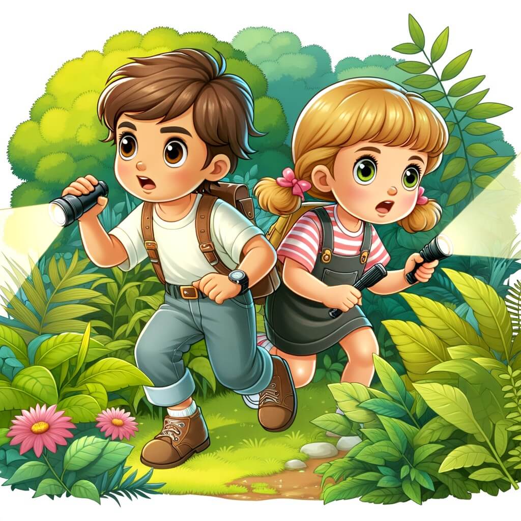 Une illustration destinée aux enfants représentant un petit garçon intrépide, accompagné d'une petite fille, enquêtant avec détermination dans un parc verdoyant et ensoleillé pour retrouver leurs animaux disparus.