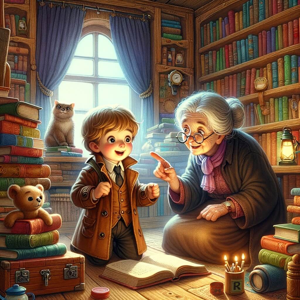 Une illustration destinée aux enfants représentant un petit garçon curieux, menant une enquête fascinante avec l'aide d'une voisine attentionnée, dans une bibliothèque chaleureuse remplie de livres colorés et d'étagères en bois patiné.