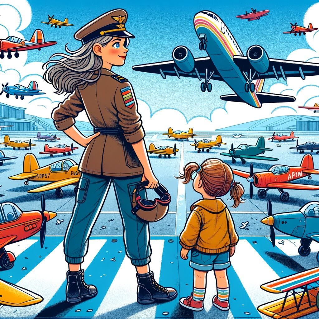 Une illustration destinée aux enfants représentant une femme pilote d'avion intrépide, accompagnée d'une petite fille curieuse, découvrant les merveilles des avions dans un aéroport animé, entouré d'avions multicolores prêts à s'envoler vers le ciel bleu.