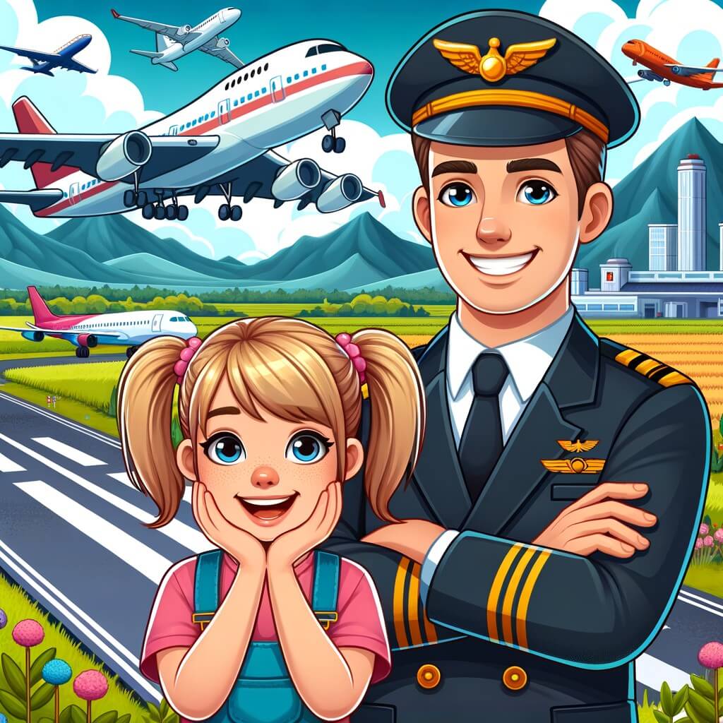 Une illustration destinée aux enfants représentant une jeune femme passionnée par les avions, accompagnée d'un capitaine souriant, se trouvant dans un aéroport animé avec de grands avions colorés décollant et atterrissant sur une piste entourée de champs verts et de montagnes majestueuses.