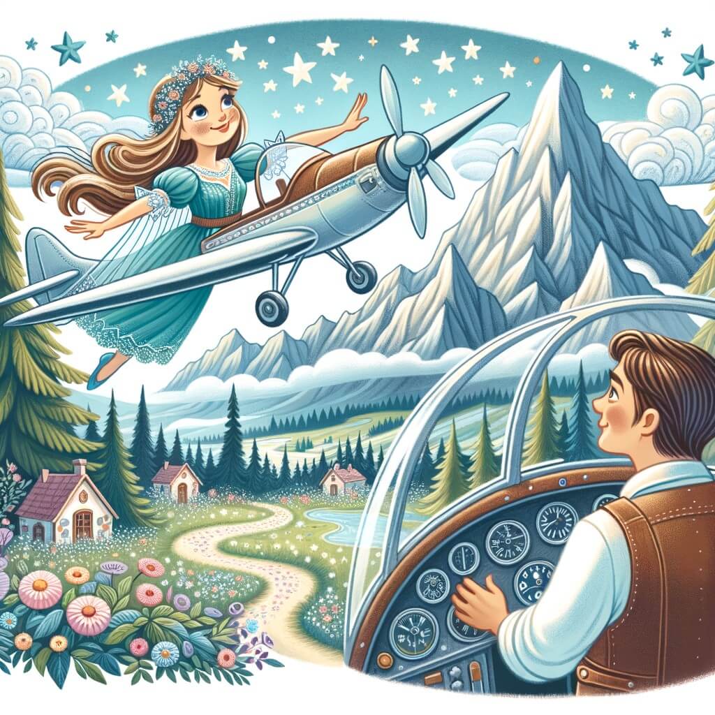 Une illustration pour enfants représentant une jeune femme passionnée d'aviation, vivant son rêve de devenir pilote d'avion, dans un aéroport animé.