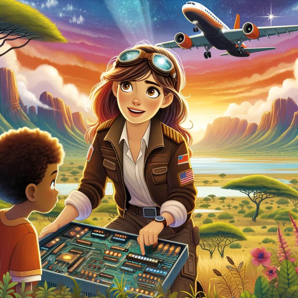Une illustration pour enfants représentant une femme pilote d'avion, qui doit faire face à un problème de moteur en plein vol au-dessus de l'Afrique.