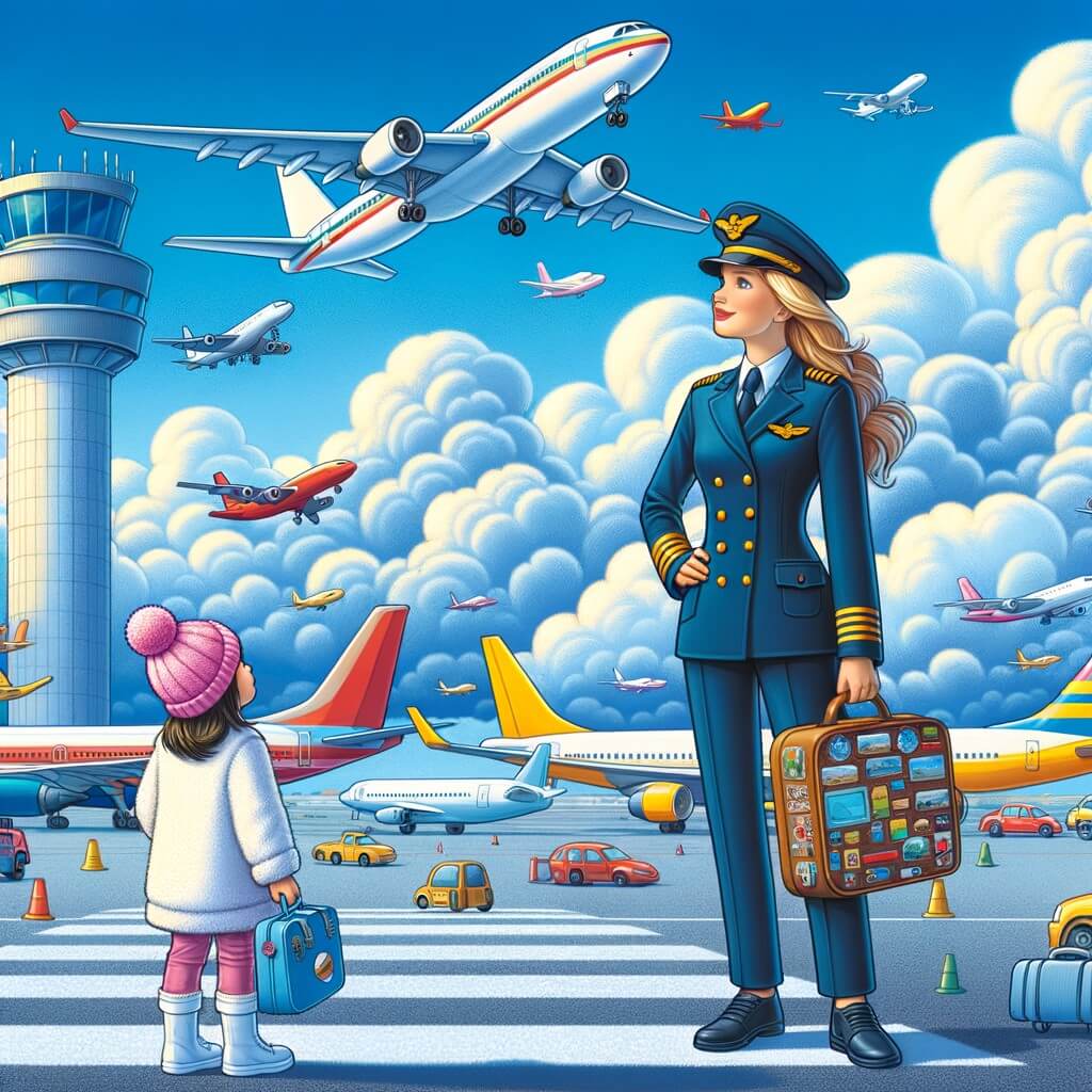 Une illustration pour enfants représentant une femme en uniforme de pilote d'avion, qui fait découvrir le monde des avions à sa nièce lors d'une visite à l'aéroport.