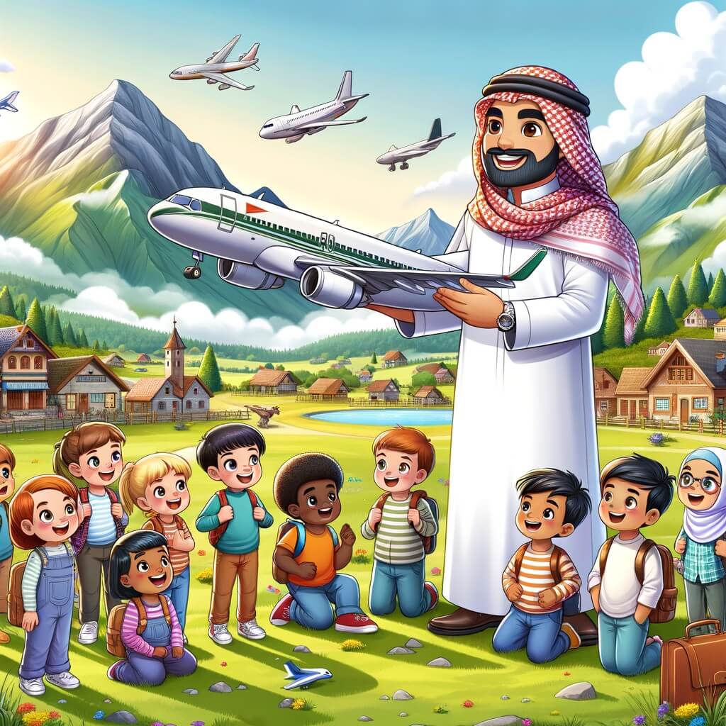 Une illustration destinée aux enfants représentant un homme passionné par les avions, accompagné d'un groupe d'enfants enthousiastes, dans un village paisible entouré de magnifiques montagnes verdoyantes, où ils partagent leur fascination pour le vol.