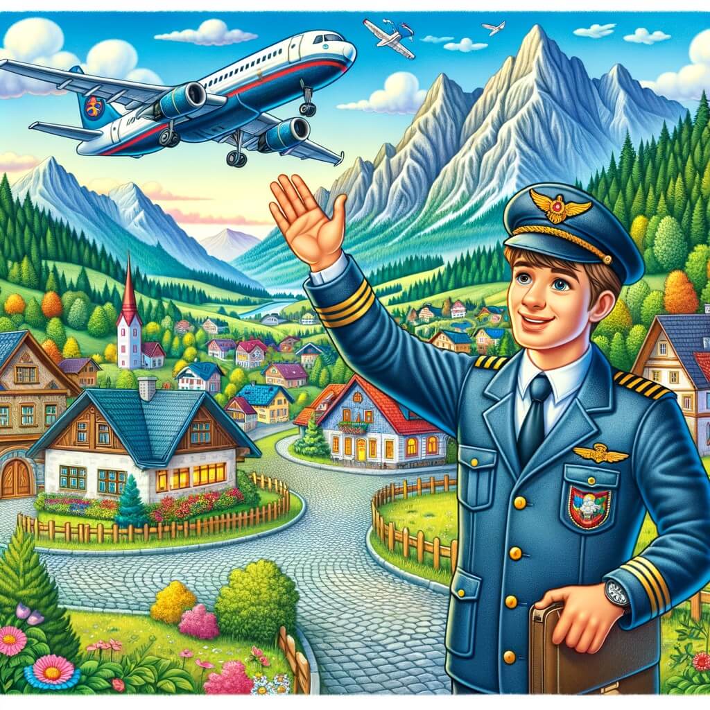 Une illustration pour enfants représentant un homme passionné d'avions, réalisant son rêve de devenir pilote, dans une petite ville nichée au cœur des montagnes.