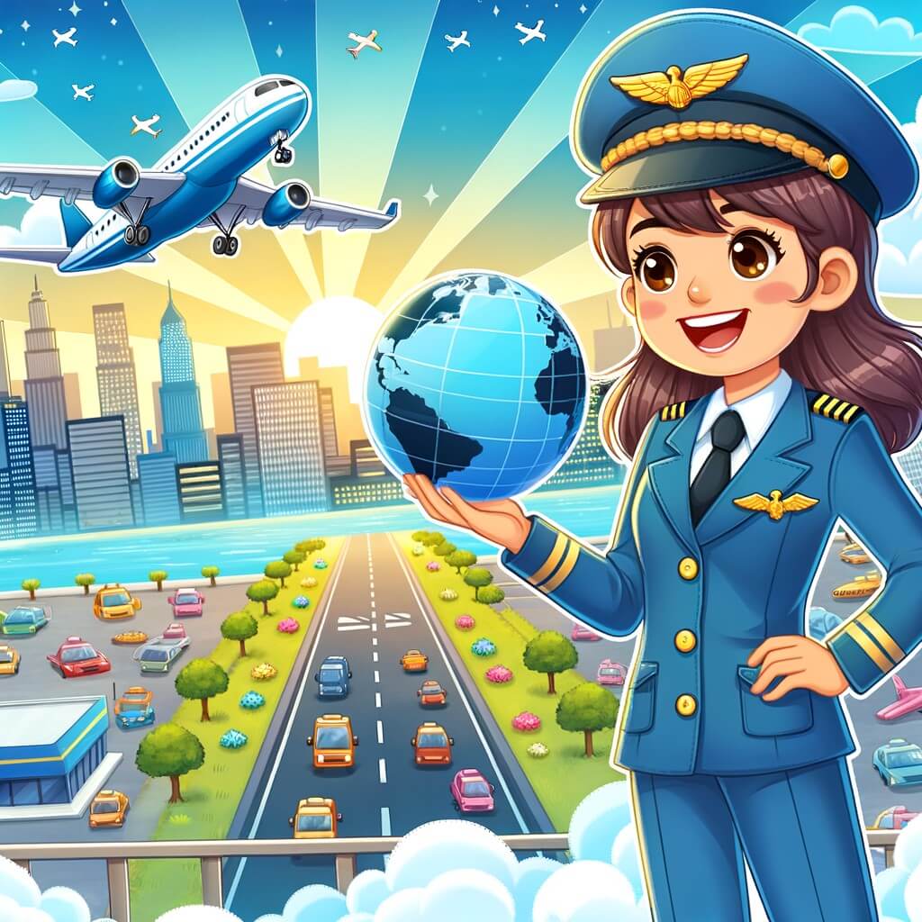 Une illustration pour enfants représentant une femme pilote d'avion qui réalise son rêve en survolant le monde depuis le ciel éclatant d'un aéroport animé.
