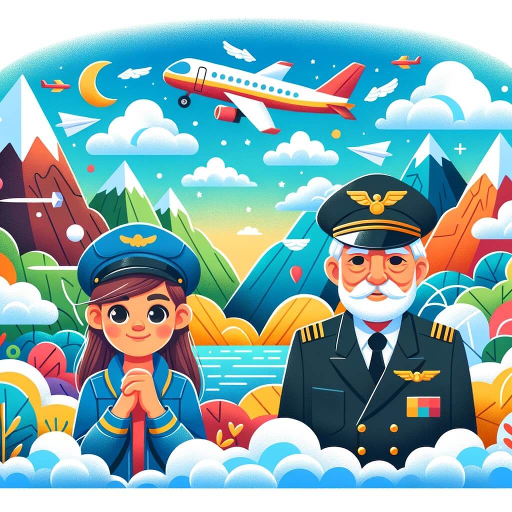 Une illustration pour enfants représentant une femme pilote d'avion, vivant son rêve de survoler des paysages magnifiques depuis le cockpit de son avion, dans un ciel infini et lumineux.