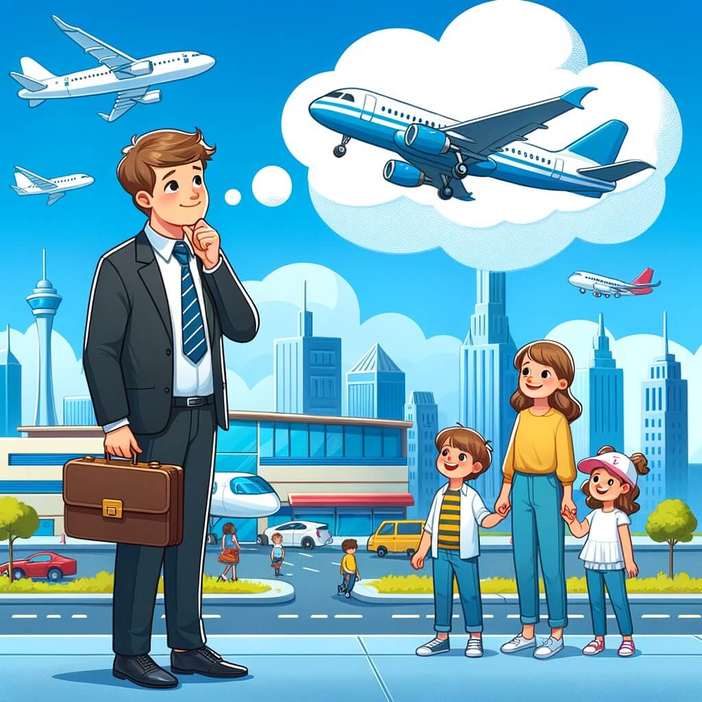 Une illustration destinée aux enfants représentant un homme passionné par les avions, rêvant de devenir pilote, accompagné de sa famille, dans un aéroport animé avec des avions décollant et atterrissant sous un ciel bleu éclatant.