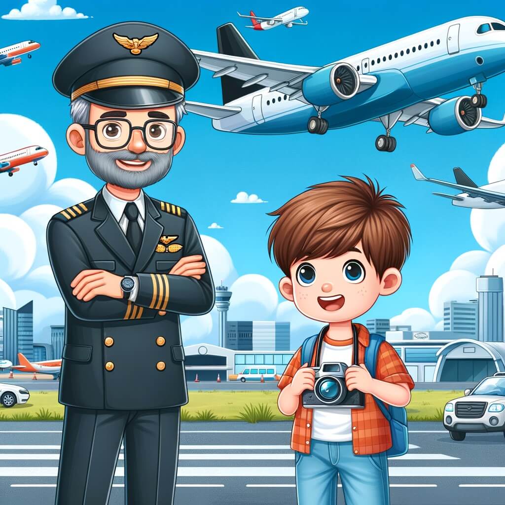 Une illustration destinée aux enfants représentant un jeune homme passionné d'aviation, accompagné d'un pilote d'avion expérimenté, dans un aéroport animé avec des avions décollant et atterrissant, sous un ciel bleu parsemé de nuages blancs.