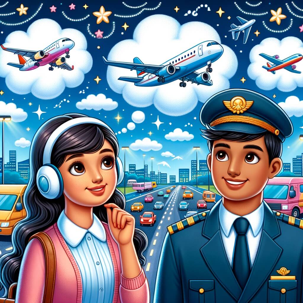 Une illustration pour enfants représentant une femme passionnée d'aviation qui rêve de voler dans le ciel, découvre la cabine de pilotage d'un avion de ligne et commence sa formation pour devenir pilote, dans un aéroport.