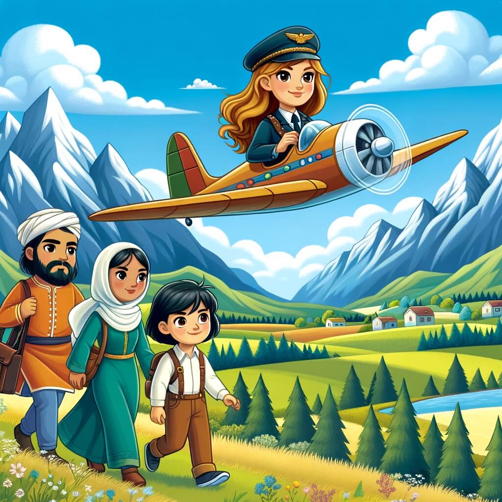 Une illustration destinée aux enfants représentant une pilote d'avion intrépide, accompagnée de deux enfants curieux, survolant les montagnes majestueuses et les champs verdoyants lors d'une journée ensoleillée.