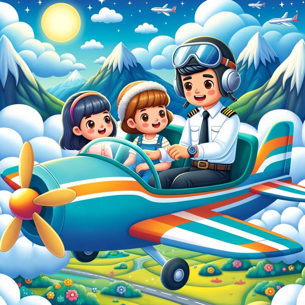 Une illustration destinée aux enfants représentant un jeune homme rêveur, vêtu d'une combinaison de pilote et portant un casque, qui partage sa passion pour les avions avec deux enfants curieux, assis dans le cockpit d'un avion coloré, survolant un paysage spectaculaire avec des montagnes majestueuses, des nuages moelleux et un soleil éclatant.