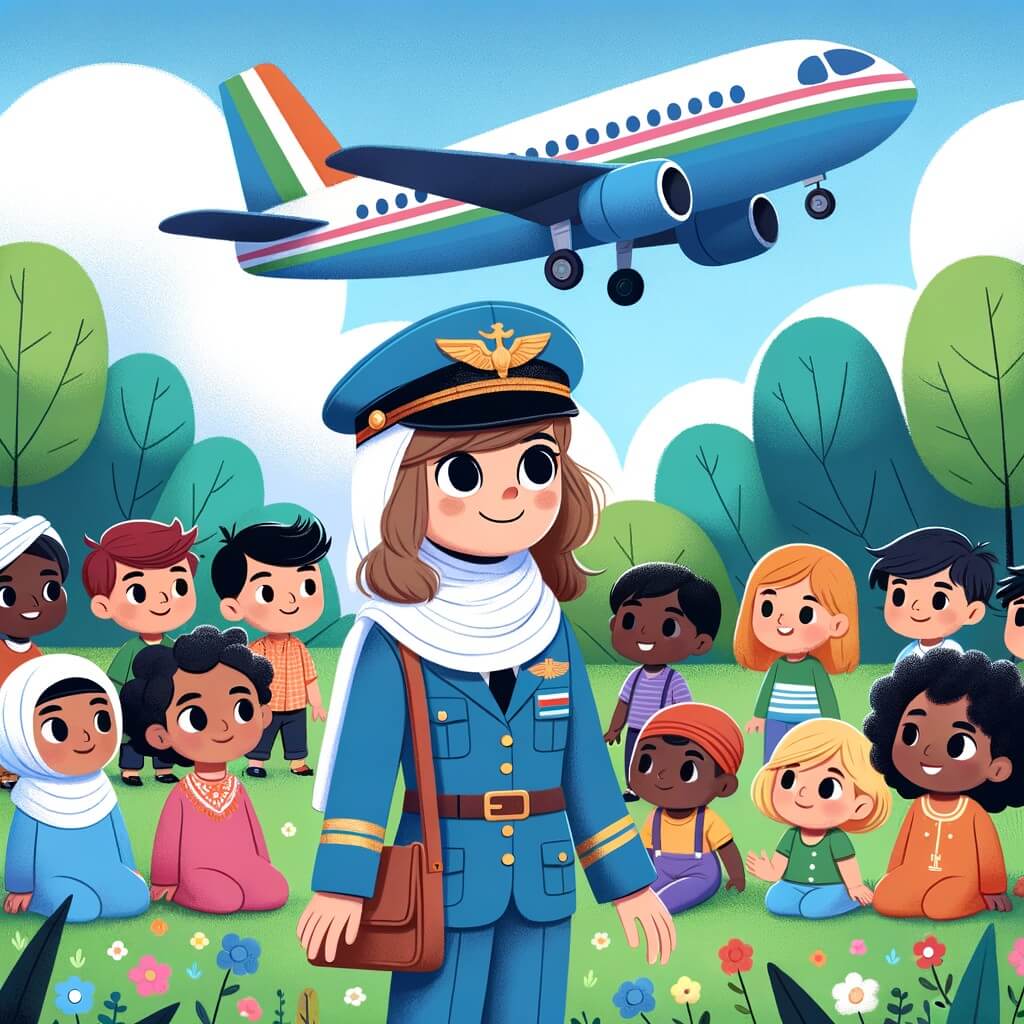 Une illustration destinée aux enfants représentant un pilote d'avion courageux, entouré d'enfants curieux, dans un jardin verdoyant avec un avion multicolore volant au-dessus de leur tête.