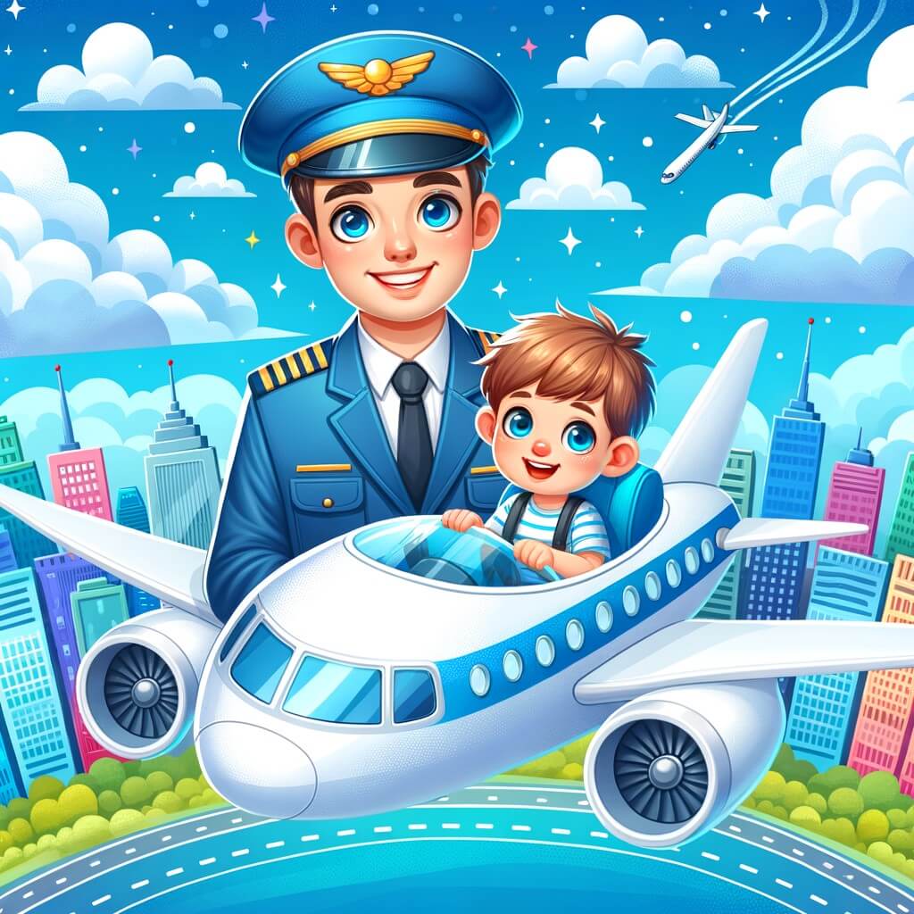 Une illustration pour enfants représentant un homme, pilote d'avion, qui aide un petit garçon perdu à l'aéroport avant de s'envoler dans le ciel bleu pour un voyage passionnant.