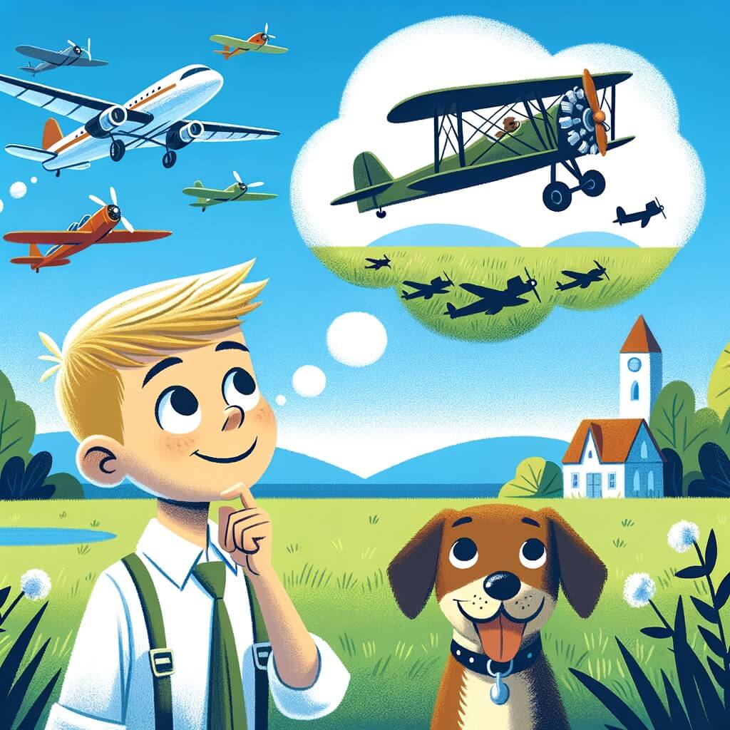 Une illustration destinée aux enfants représentant un jeune homme passionné par les avions, qui rêve de devenir pilote, accompagné de son fidèle chien, dans un parc verdoyant où les avions survolent majestueusement un ciel bleu azur.