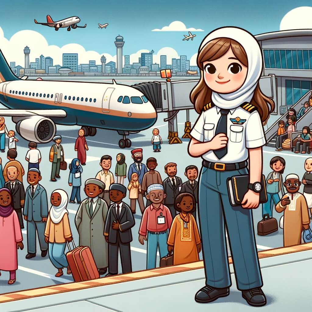 Une illustration pour enfants représentant une jeune femme passionnée par les avions, réalisant son rêve de devenir pilote, dans un aéroport animé.