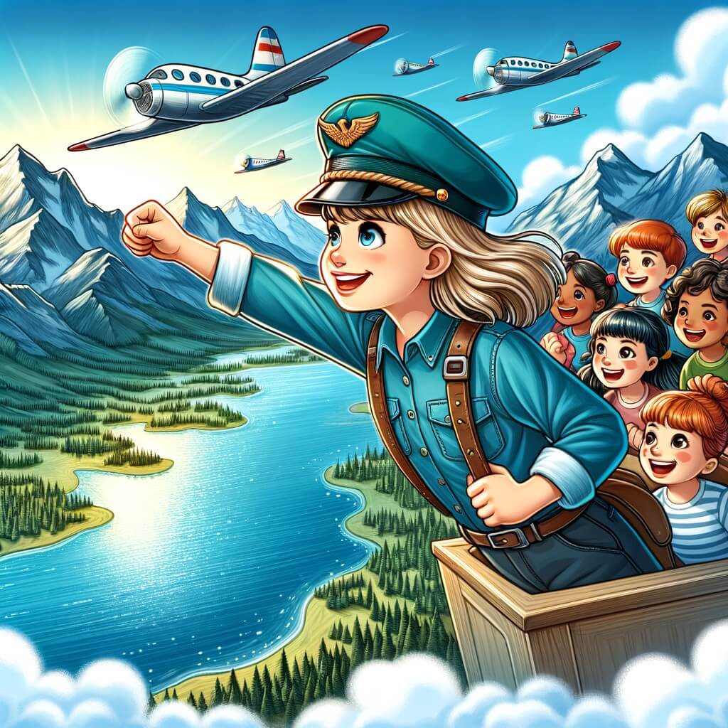 Une illustration pour enfants représentant une jeune femme passionnée d'aviation qui réalise son rêve de devenir pilote d'avion, parcourant le monde dans les airs.