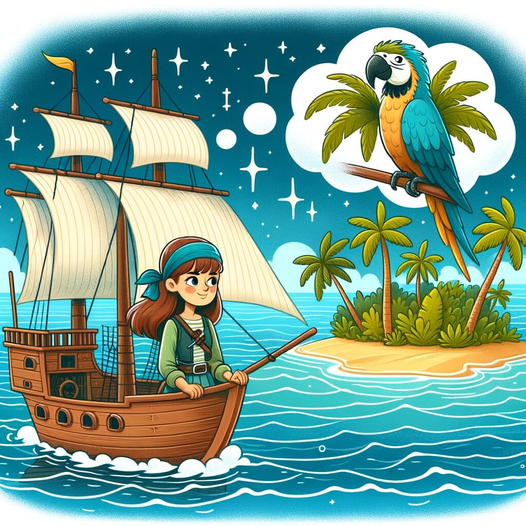 Une illustration pour enfants représentant une femme pirate intrépide en quête d'un trésor légendaire sur une île tropicale.