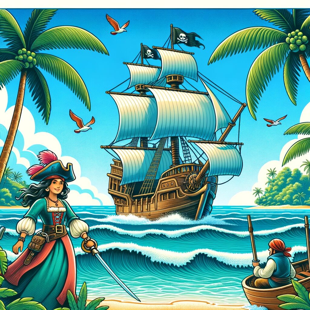 Une illustration pour enfants représentant une pirate audacieuse, à la recherche d'un trésor légendaire, sur une île mystérieuse en bord de mer.