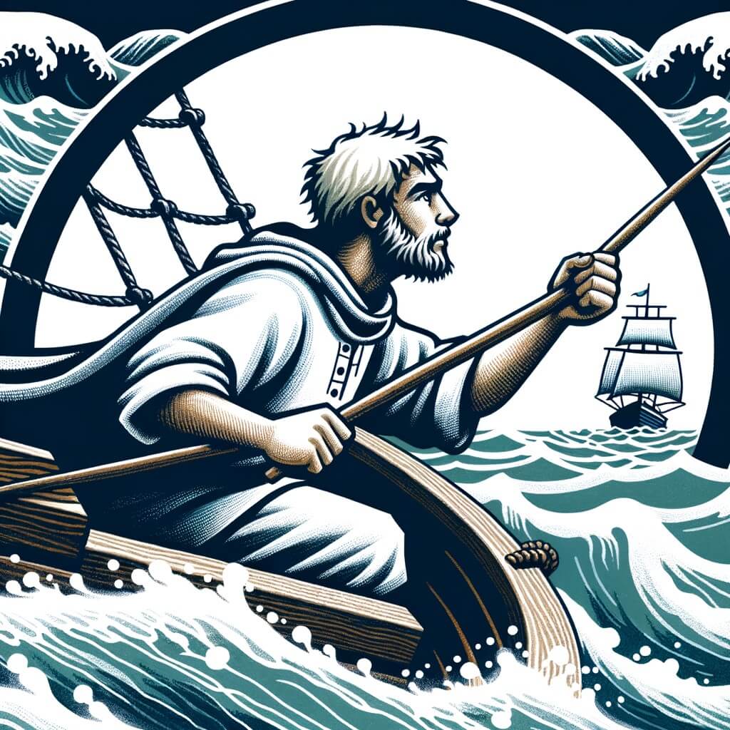 Une illustration pour enfants représentant un marin courageux, en quête d'un trésor perdu, naviguant sur une mer tumultueuse.