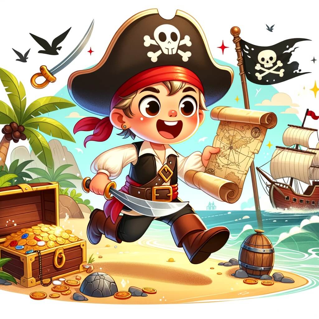 Une illustration pour enfants représentant un pirate intrépide, à la recherche d'un trésor perdu, sur une île mystérieuse.