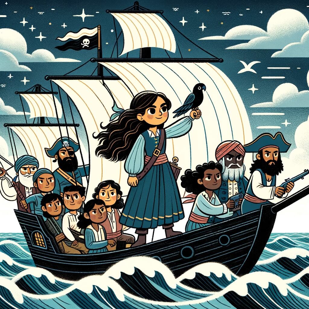 Une illustration pour enfants représentant une femme pirate courageuse naviguant sur un navire pirate à la recherche d'un trésor perdu, dans des mers agitées et mystérieuses.