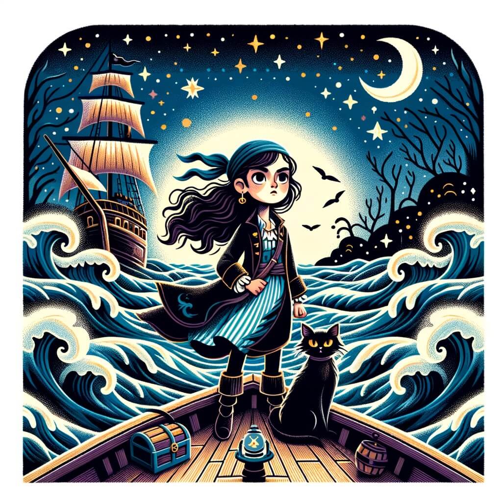Une illustration destinée aux enfants représentant une femme pirate solitaire, debout sur le pont de son navire, entourée de vagues déchaînées et d'un ciel étoilé, avec son fidèle chat noir à l'œil doré à ses côtés, naviguant vers une île mystérieuse où se cache un trésor légendaire.