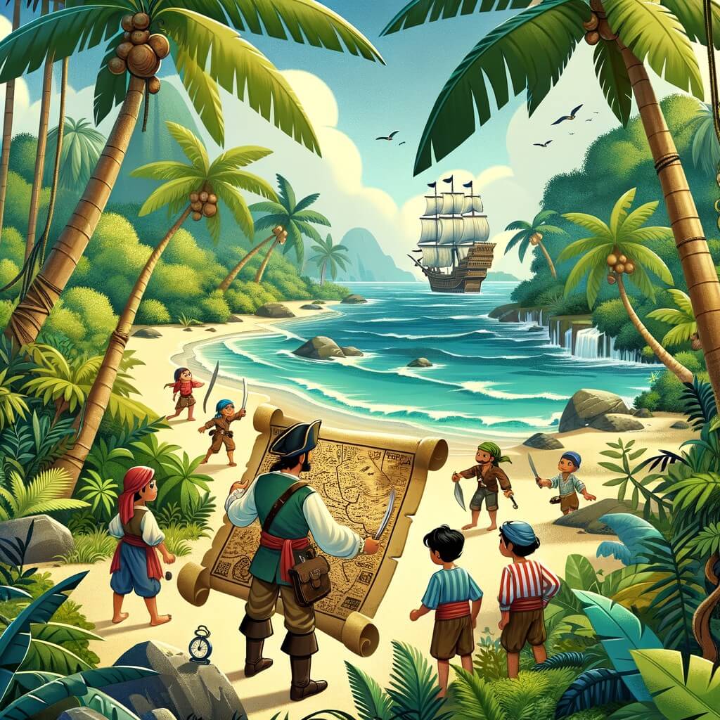 Une illustration pour enfants représentant un homme courageux naviguant sur les mers à la recherche d'un trésor légendaire, sur une île magnifique avec des palmiers, des plages de sable blanc et une eau cristalline.