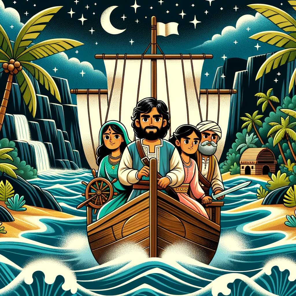Une illustration destinée aux enfants représentant un homme intrépide, entouré de son fidèle équipage, naviguant sur un bateau de bois à travers des mers tumultueuses, à la recherche d'un trésor caché sur une île mystérieuse couverte de palmiers, de cascades scintillantes et de grottes sombres.
