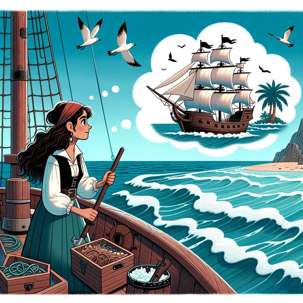 Une illustration pour enfants représentant une femme courageuse, rêvant de devenir pirate, se lançant à l'aventure en mer à la recherche d'un trésor, sur une île mystérieuse.