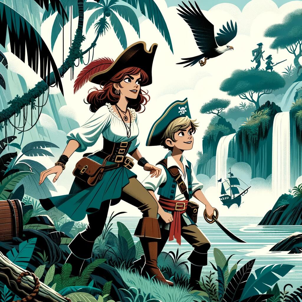Une illustration destinée aux enfants représentant une intrépide femme pirate, accompagnée d'un jeune mousse malin et courageux, explorant une île mystérieuse et luxuriante avec une jungle dense et une cascade majestueuse en arrière-plan.