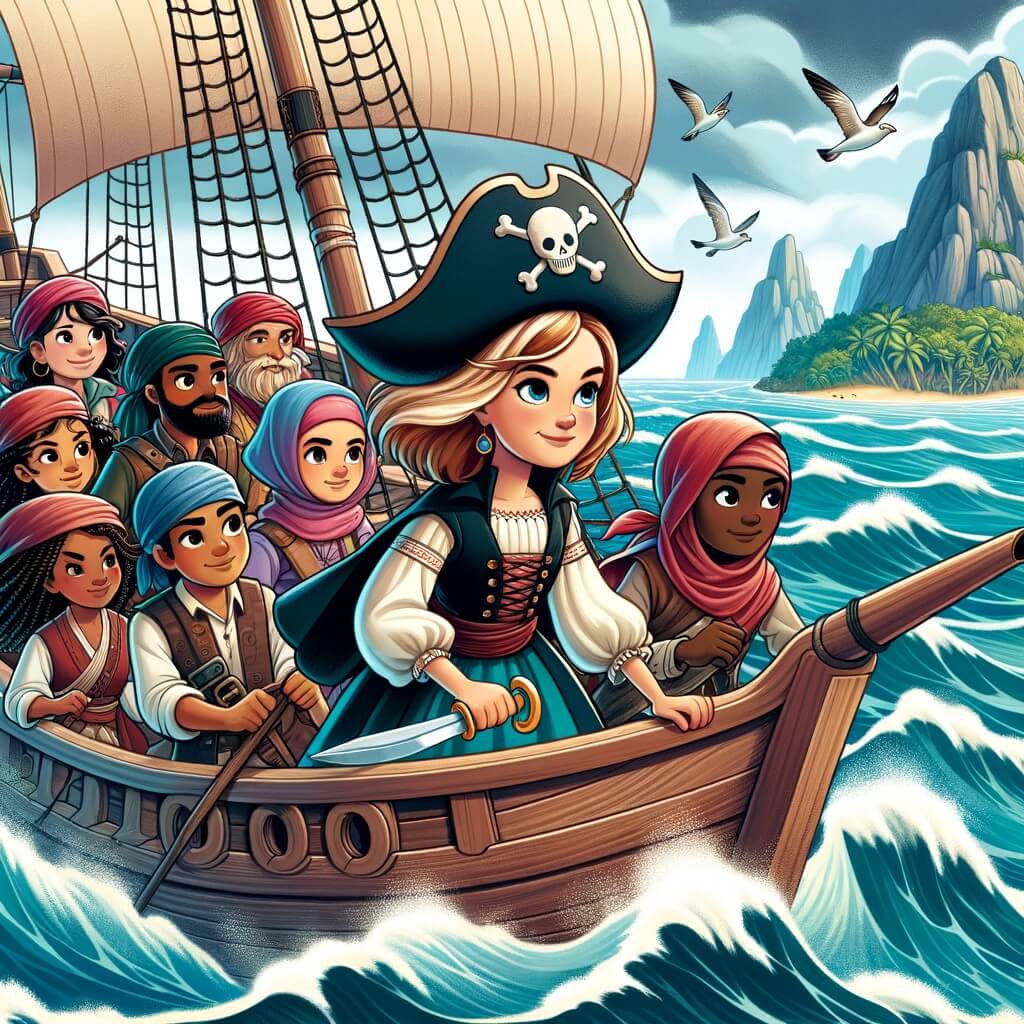 Une illustration pour enfants représentant une femme pirate courageuse à la recherche d'un trésor sur une île mystérieuse, naviguant sur son navire, le "Requin".