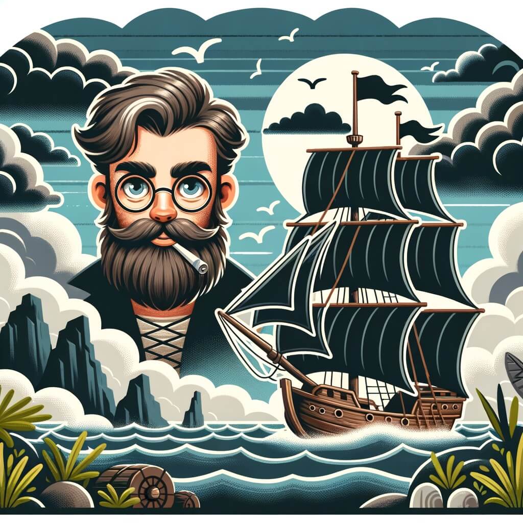 Une illustration destinée aux enfants représentant un homme barbu, les yeux brillants d'aventure, naviguant sur un majestueux navire pirate aux voiles noires, à la recherche d'un trésor légendaire sur une île mystérieuse entourée d'une épaisse brume.