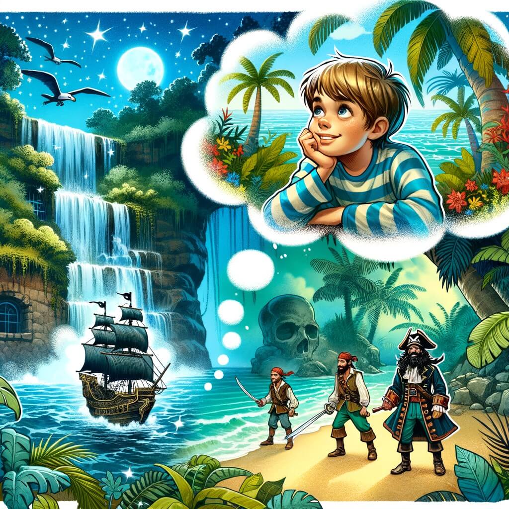 Une illustration pour enfants représentant un jeune aventurier rêvant de trésors, sur une plage d'un petit village côtier, se retrouvant embarqué dans une aventure palpitante avec des pirates sur un navire majestueux.