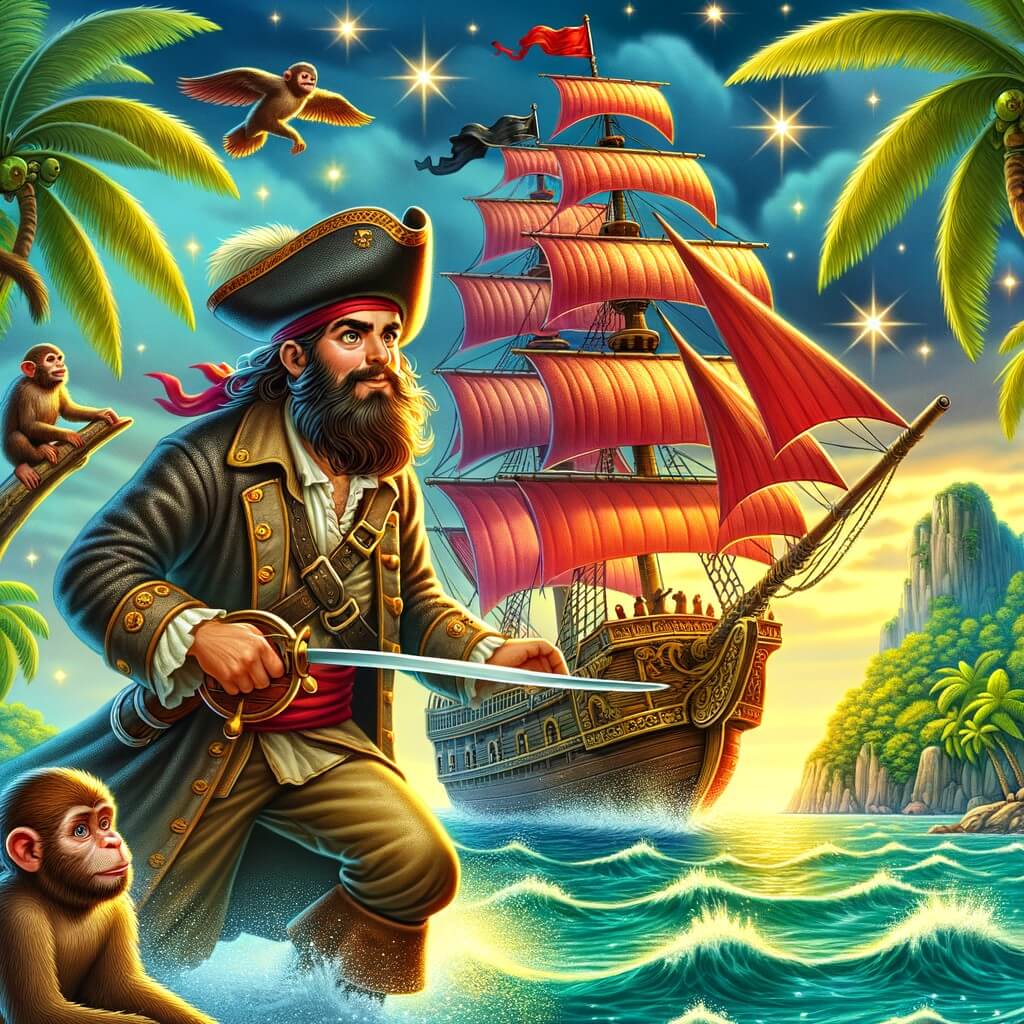 Une illustration pour enfants représentant un homme courageux, rêvant de devenir pirate, se tenant sur une falaise et observant un navire pirate s'approchant des côtes dans un petit village côtier.